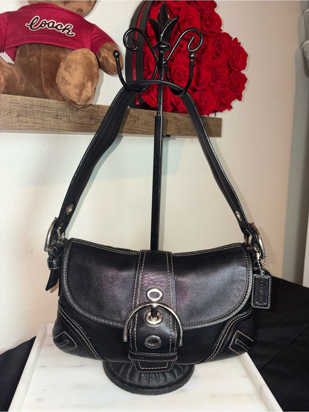 Coach Mini SoHo Black Leather Hobo Flap Buckle Shoulder Bag